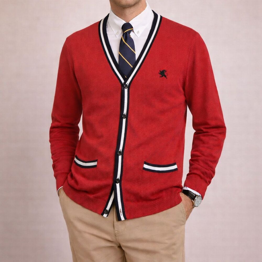 Y2K Express Cardigan Sweater Mens M Red Embroidered Logo Tennis Preppy Varsity